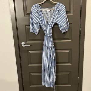 Waist Defined Striped Tie-Belt MIDI Wrap Dress with Puff sleeves